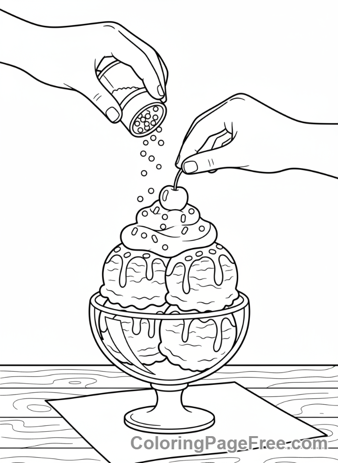 Ice Cream coloring page - Hands decorating sundae