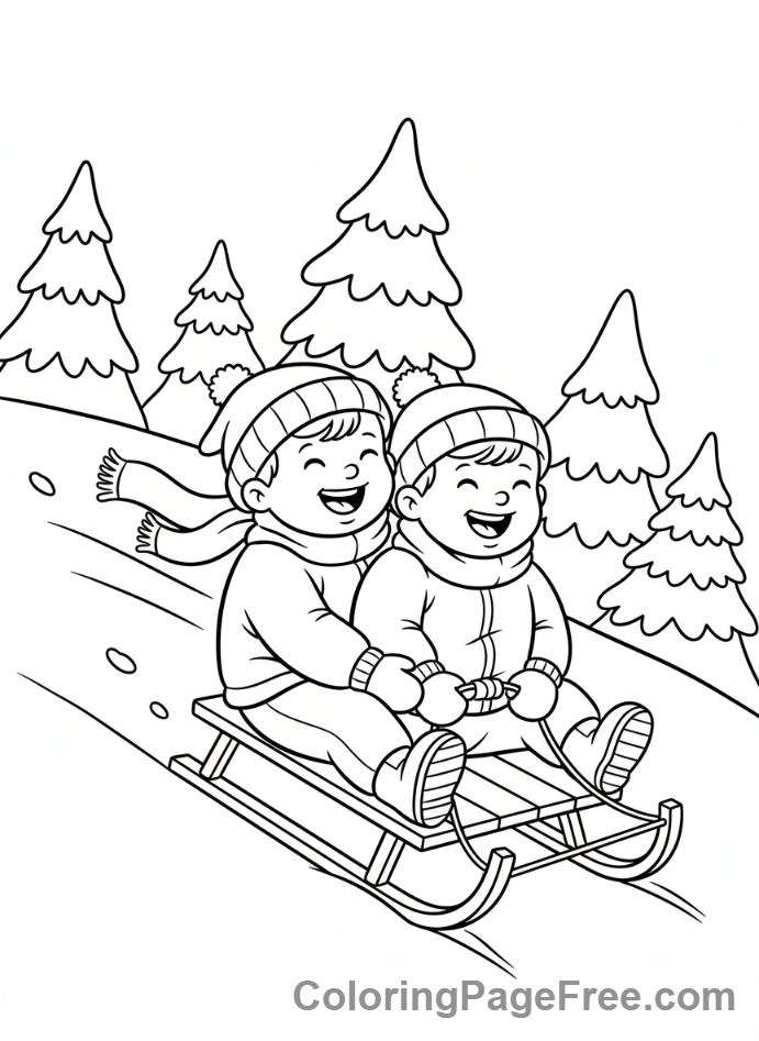 Ice coloring page - Kids sledding downhill