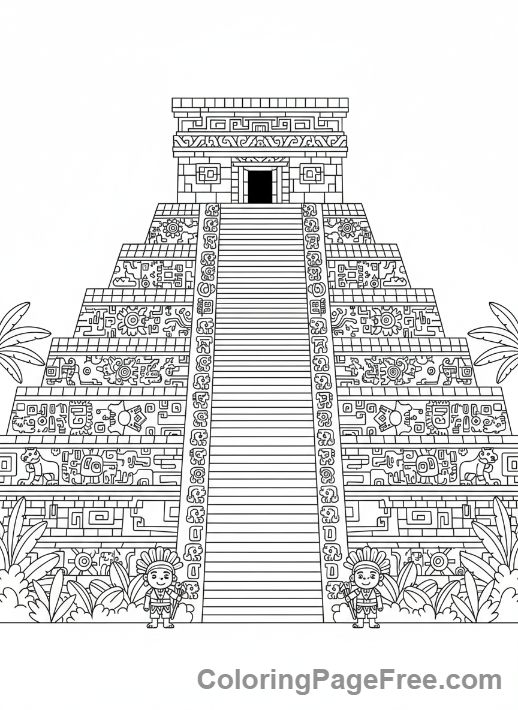 Intricate coloring page - Aztec temple carvings