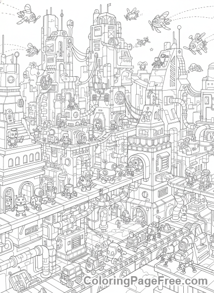 Intricate coloring page - Intricate robot city