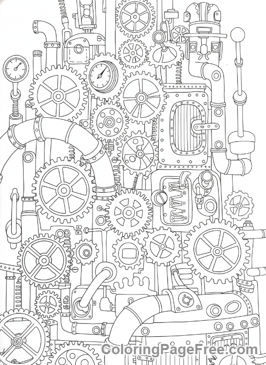 Intricate coloring page - Steampunk machine gears