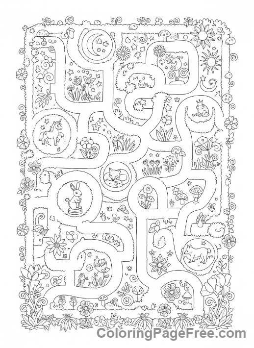 Intricate coloring page - Whimsical garden maze