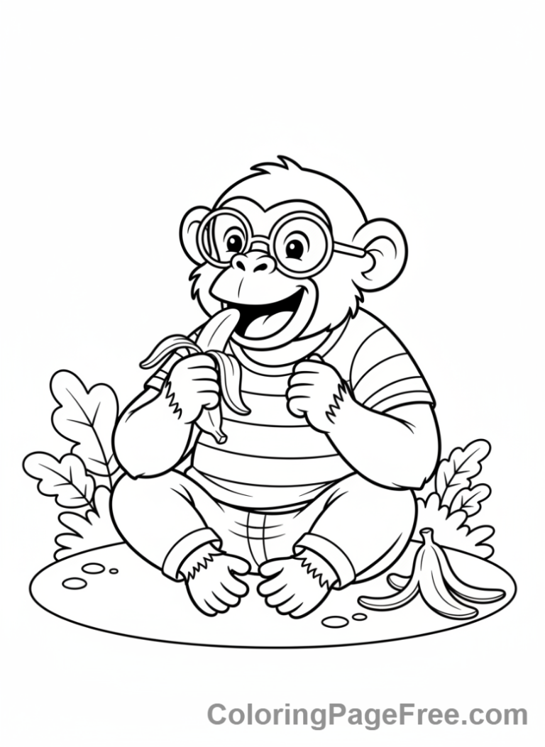 Jungle Animals coloring page - Chimp eating banana