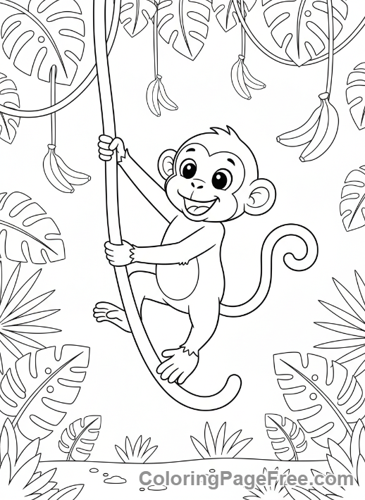 Jungle Animals coloring page - Monkey swinging vine