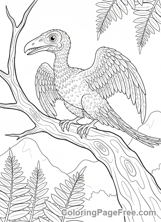 Jurassic coloring page - Archaeopteryx branch close-up