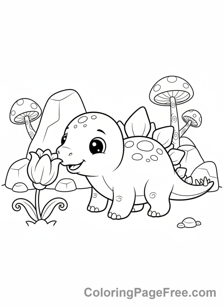 Cute baby dinosaur playing outdoors coloring page