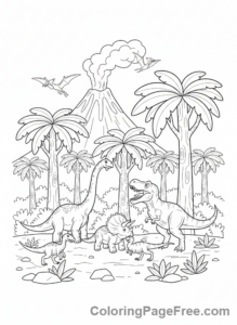 Jurassic coloring page - Jurassic landscape volcano