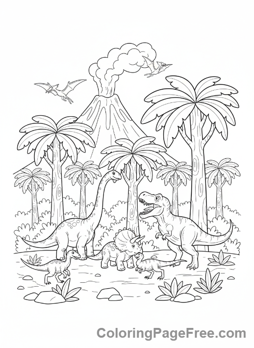 Jurassic coloring page - Jurassic landscape volcano