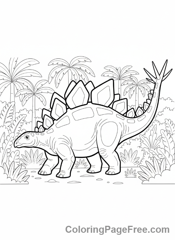 Jurassic coloring page - Stegosaurus walking jungle