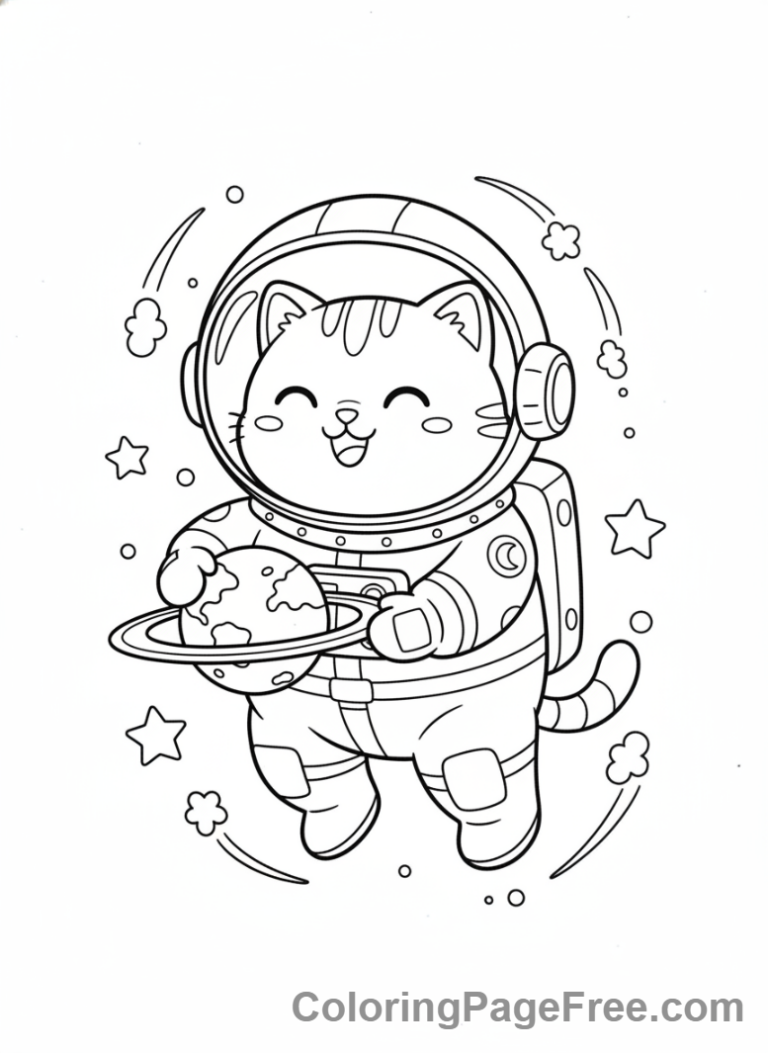 Kawaii cute cat astronaut coloring page