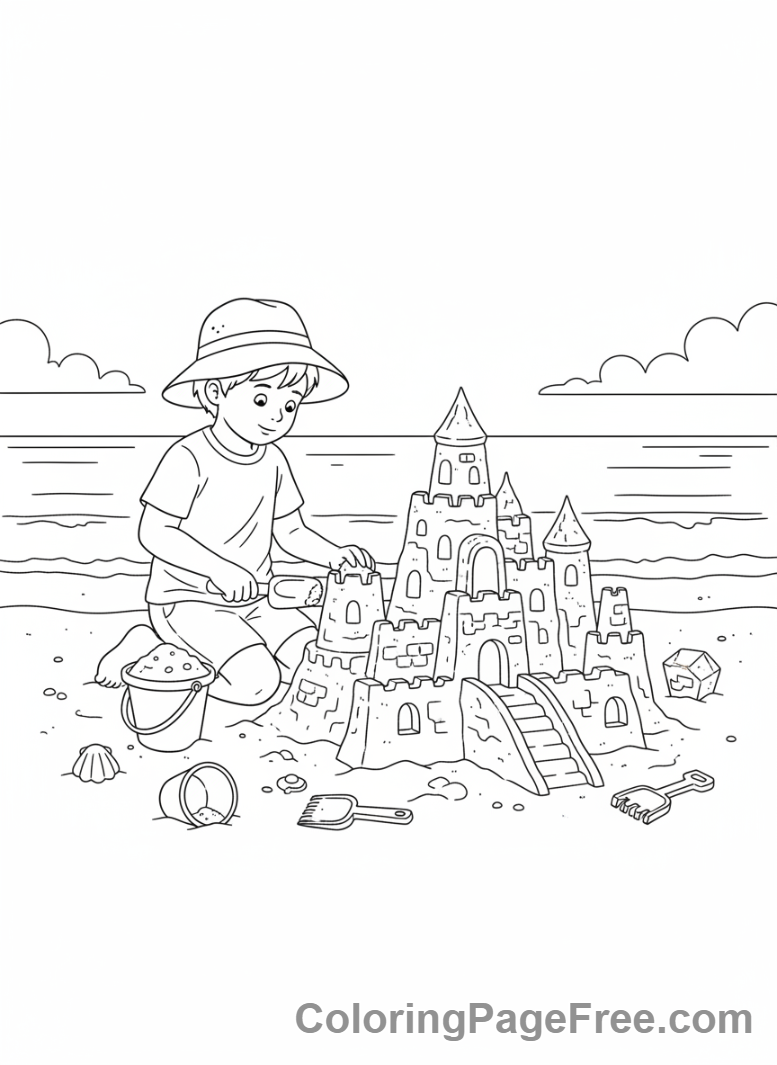 Kids coloring page - Kid building sandcastle