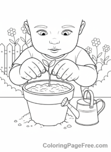 Kids coloring page - Kid planting flower