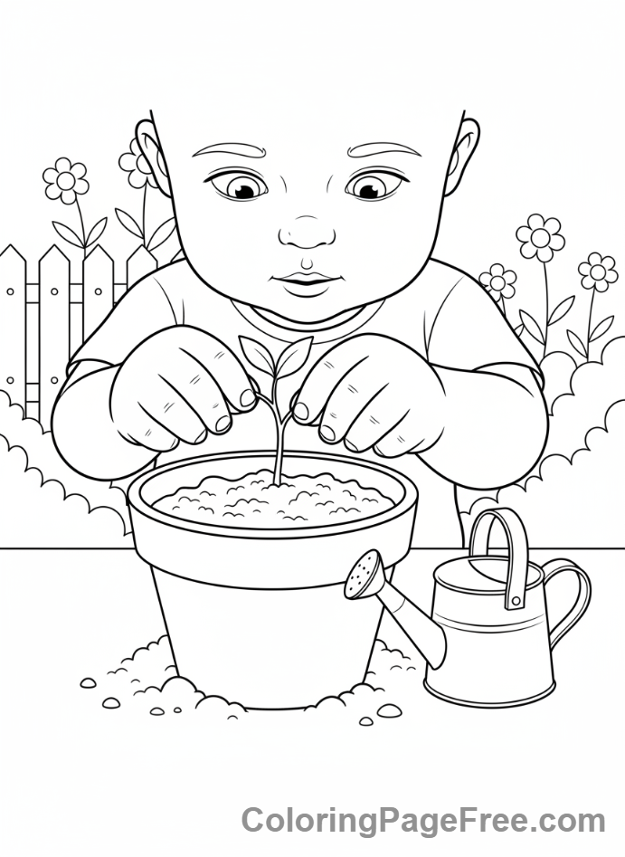 Kids coloring page - Kid planting flower