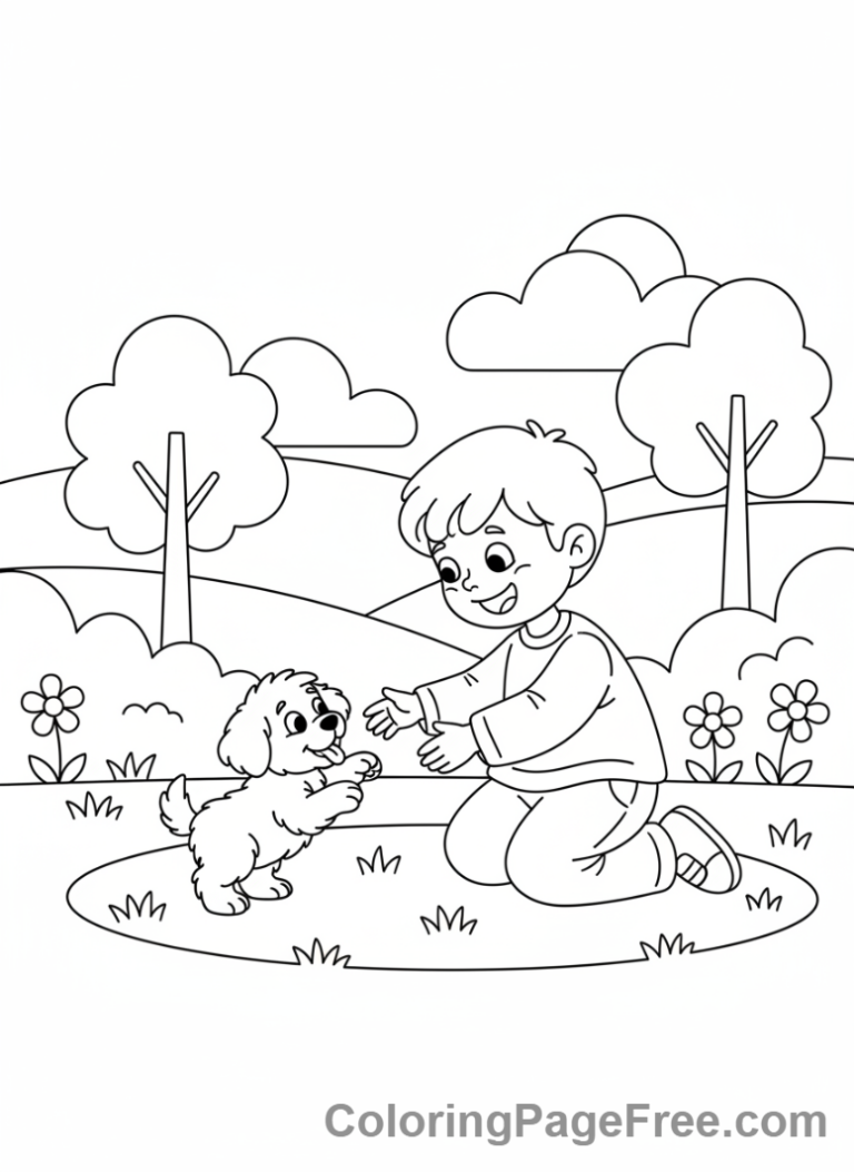 Kid playing with puppy coloring page