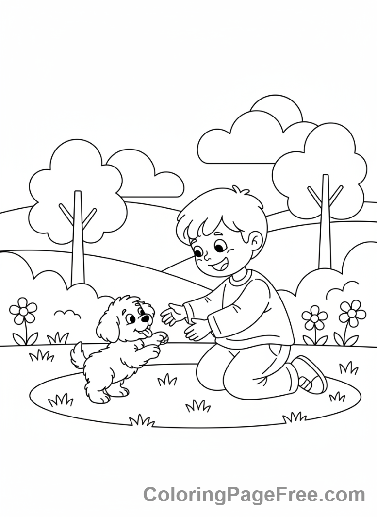 Kids coloring page - Kid playing puppy