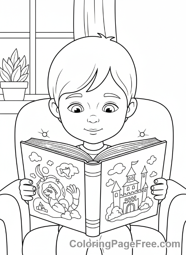 Kids coloring page - Kid reading book