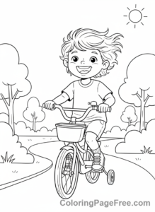 Kids coloring page - Kid riding bike