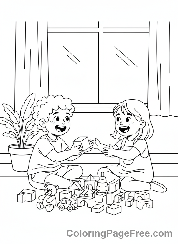Kids coloring page - Kids sharing toys