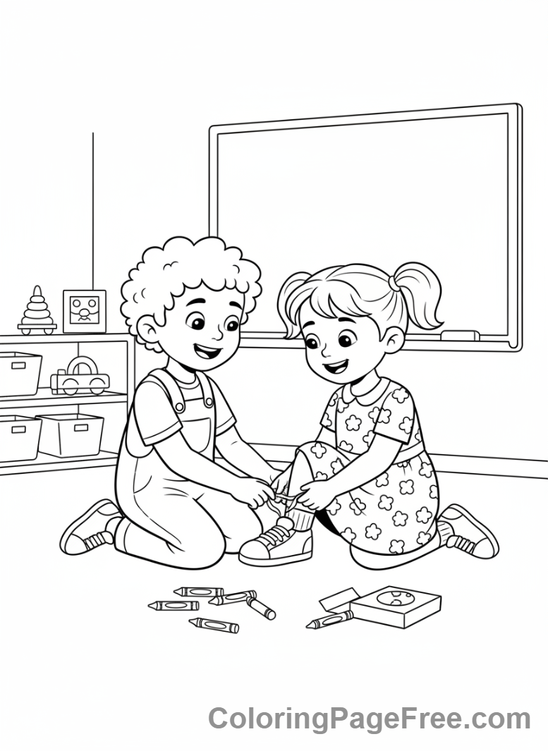 Kindergarten coloring page - Child helping friend