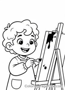 Kindergarten coloring page - Child painting easel