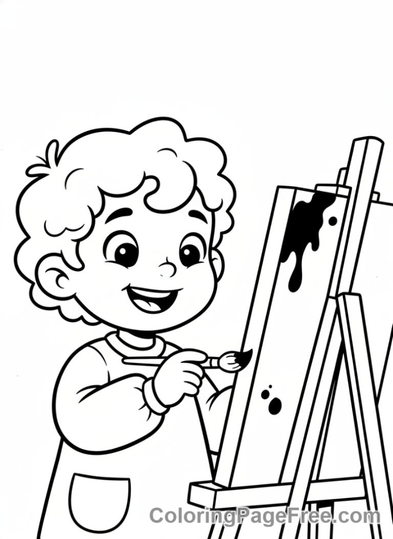 Kindergarten coloring page - Child painting easel