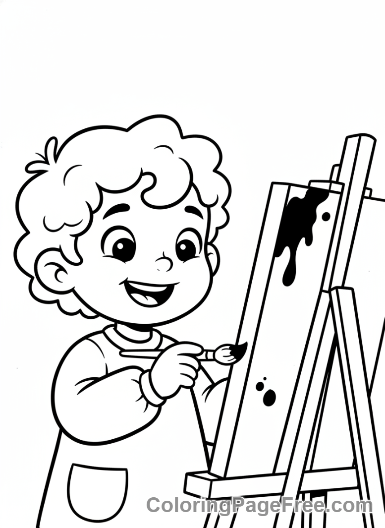 Kindergarten coloring page - Child painting easel