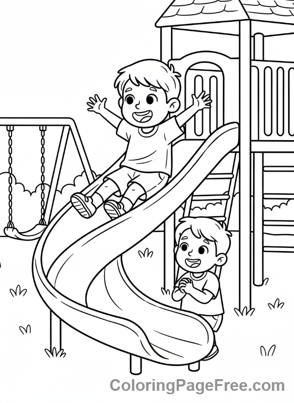 Kindergarten coloring page - Child sliding playground