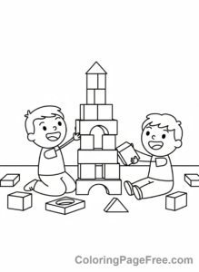 Kindergarten coloring page - Kids building blocks