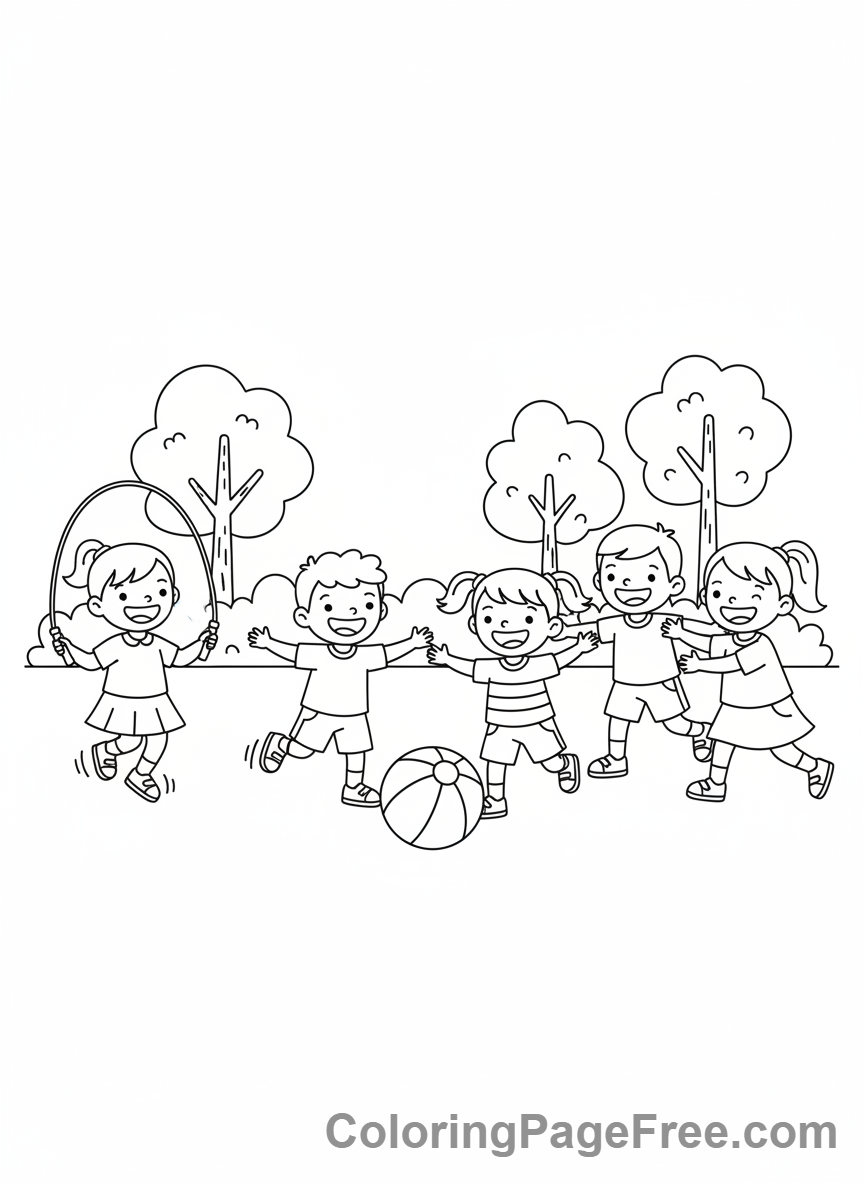 Kindergarten coloring page - Kids playing outdoors
