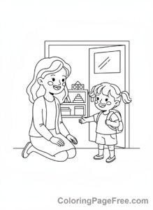 Kindergarten coloring page - Teacher greeting child