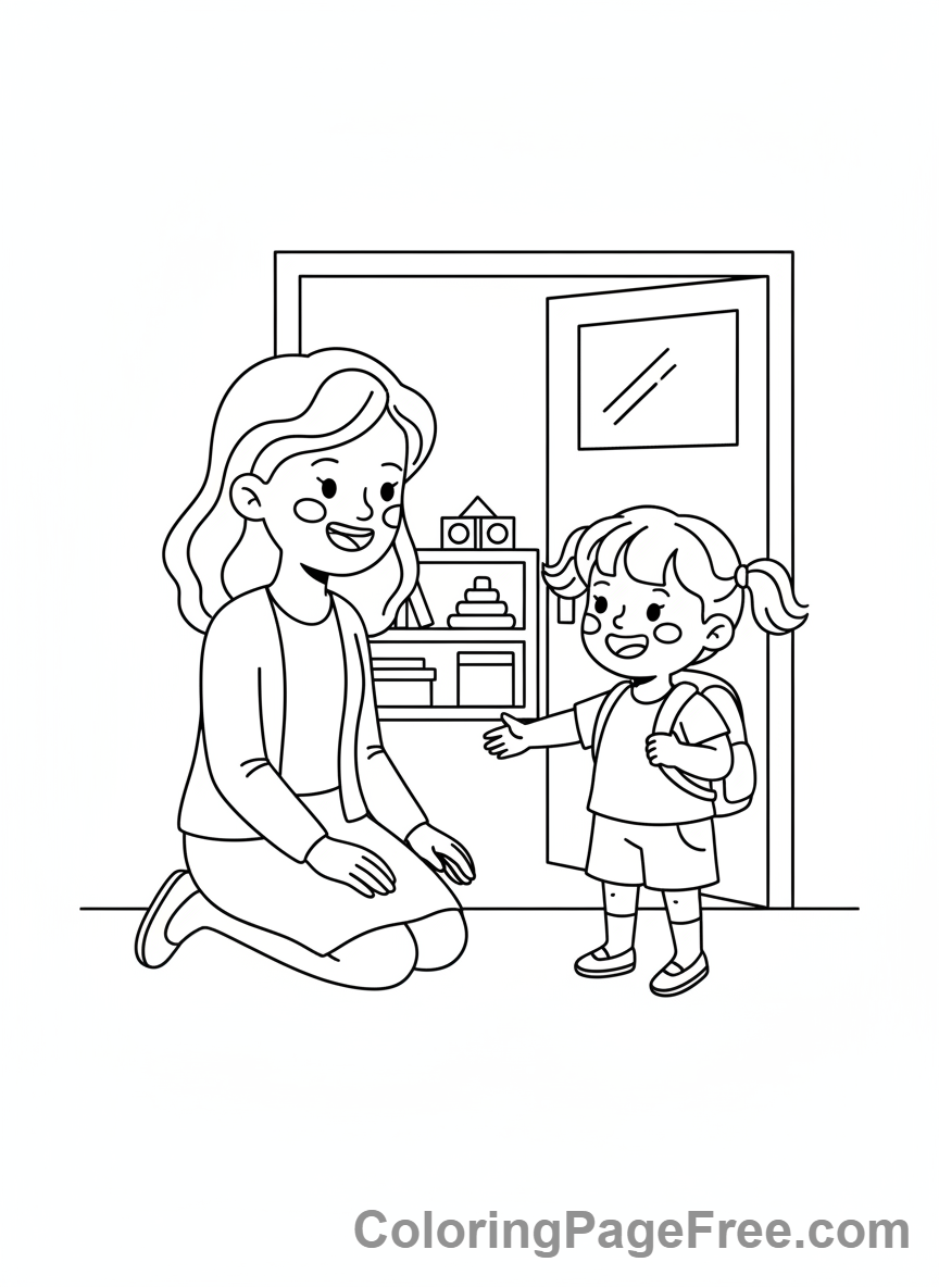 Kindergarten coloring page - Teacher greeting child