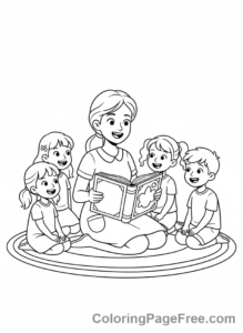 Kindergarten coloring page - Teacher reading story