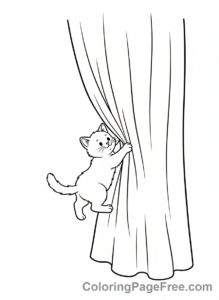 Kitten coloring page - Kitten climbing curtain