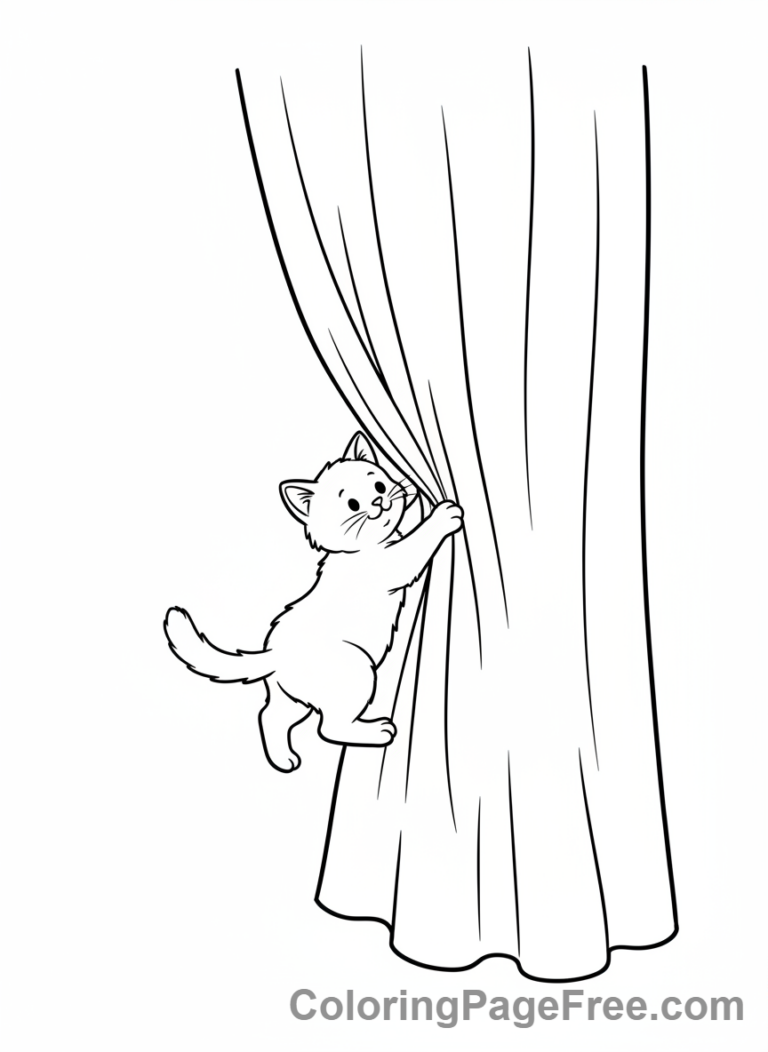 Kitten coloring page - Kitten climbing curtain