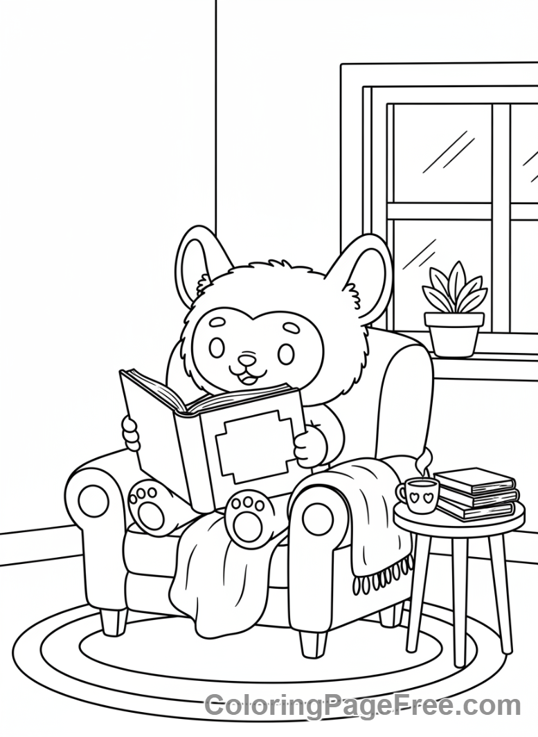 Labubu coloring page - Labubu reading book