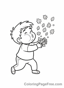 Leaves coloring page - Child blowing autumn leaves