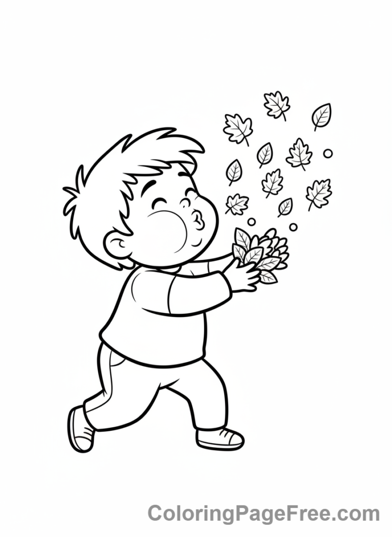 Leaves coloring page - Child blowing autumn leaves