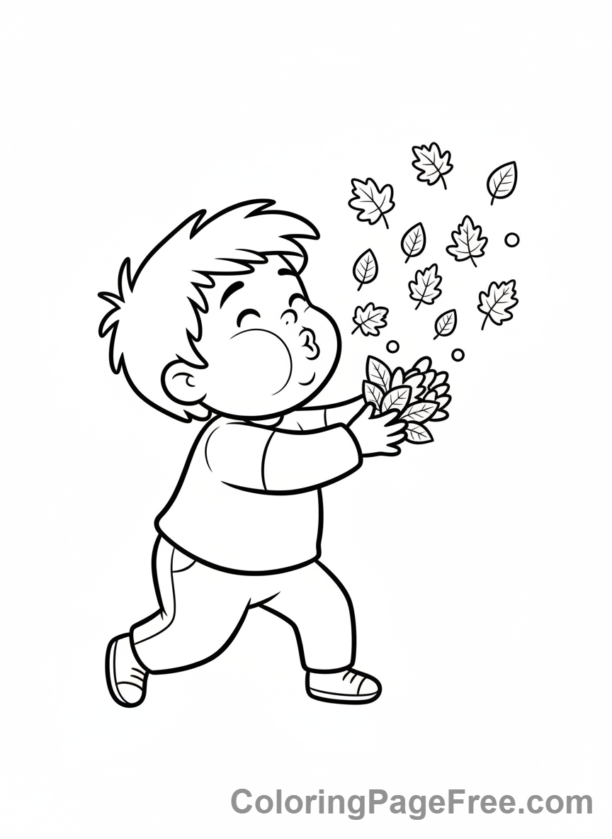 Leaves coloring page - Child blowing autumn leaves