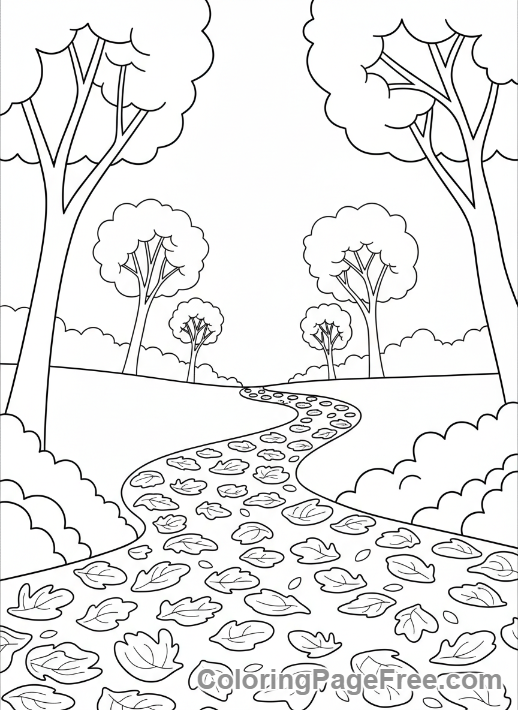 Leaves coloring page - Forest path with leaves