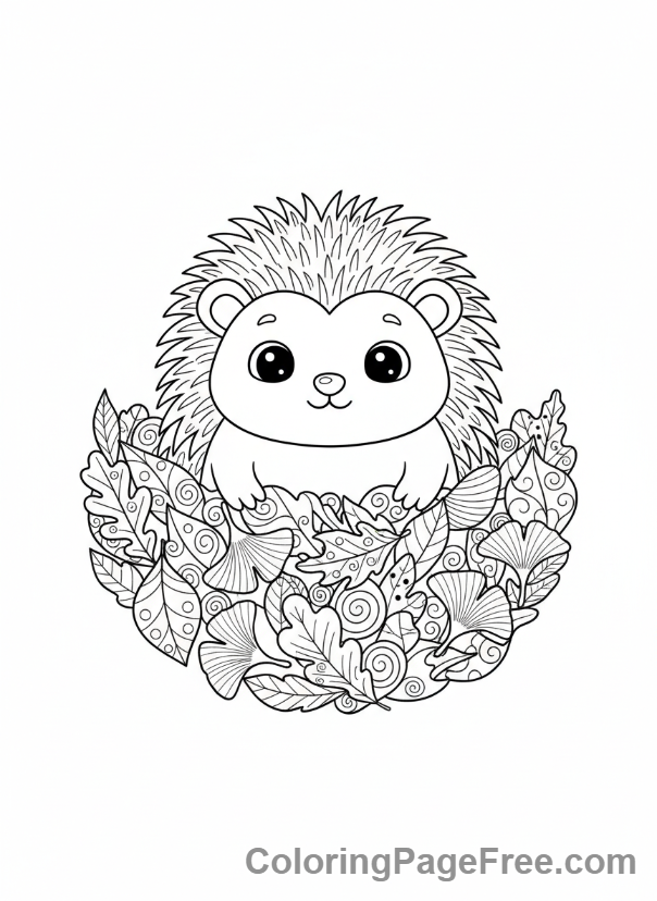 Leaves coloring page - Hedgehog in leaf pile