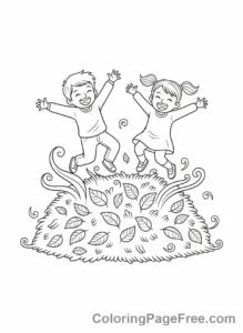 Leaves coloring page - Kids playing in leaves