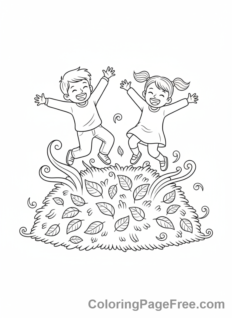 Leaves coloring page - Kids playing in leaves