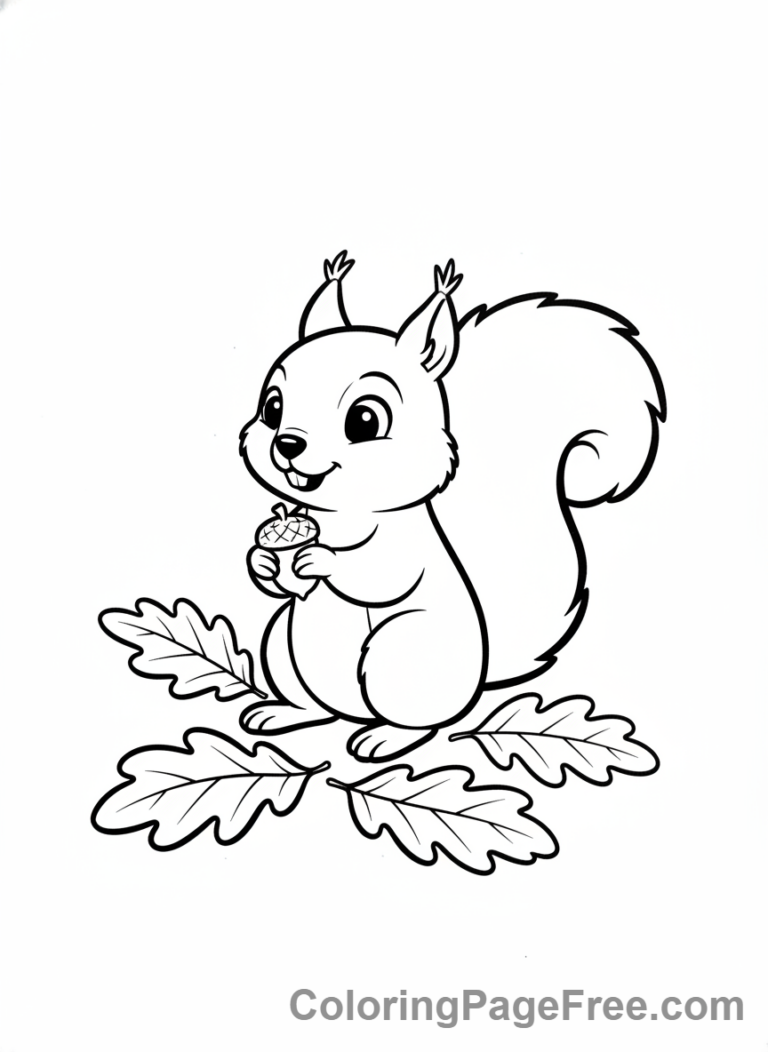 Leaves coloring page - Squirrel collecting autumn leaves
