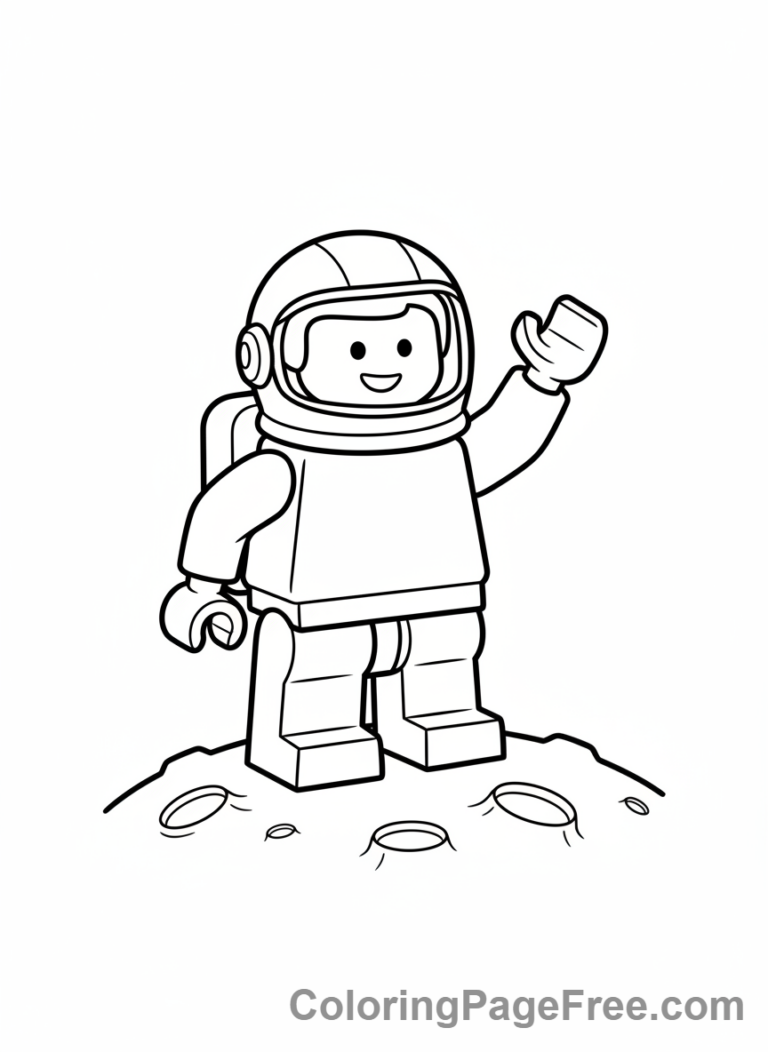 Lego style astronaut waving coloring page