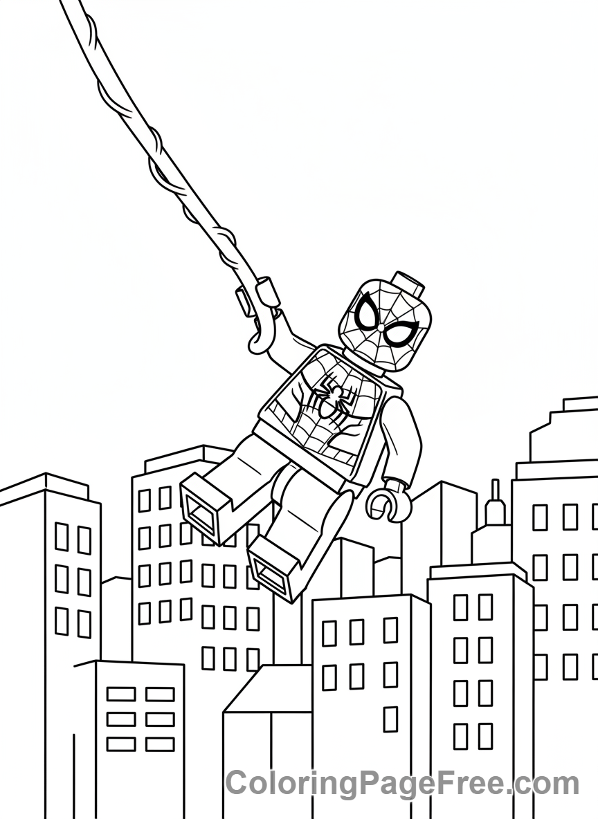 Lego Marvel coloring page - Spider-Man swinging city