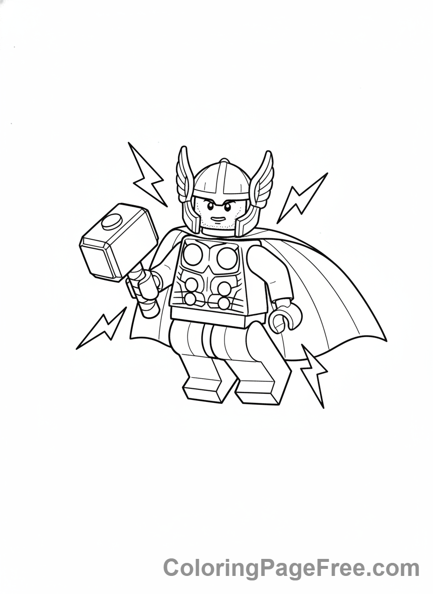 Lego Marvel coloring page - Thor flying Mjolnir