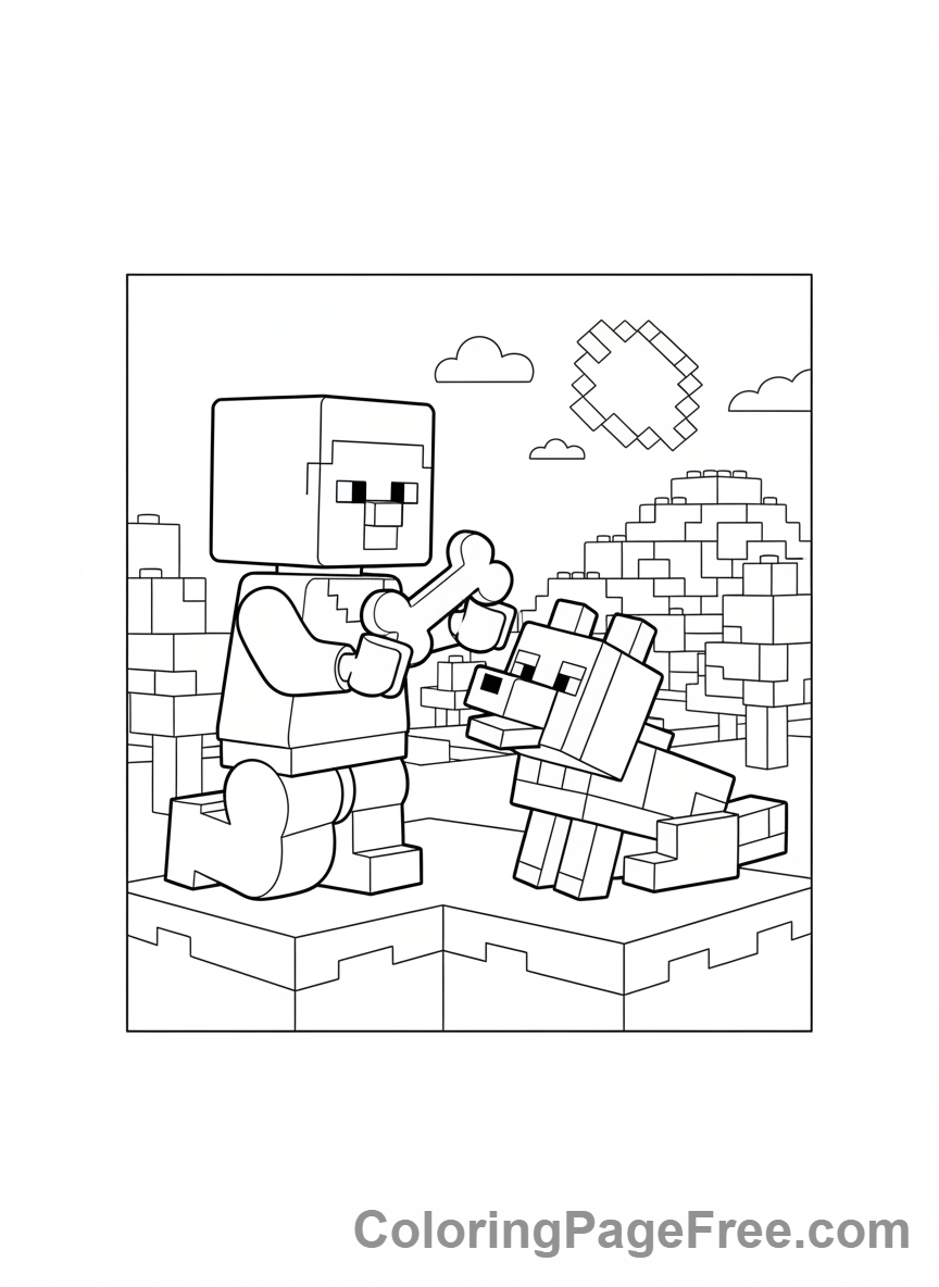 Lego Minecraft coloring page - Steve feeding wolf