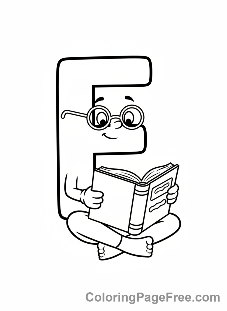 Letters coloring page - Letter E reading book