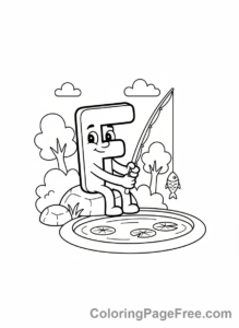 Letters coloring page - Letter F fishing happily