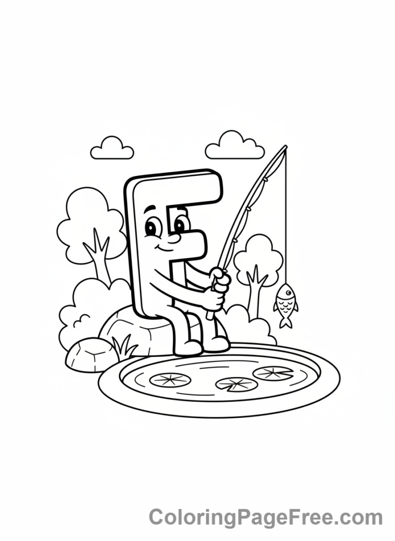 Letters coloring page - Letter F fishing happily